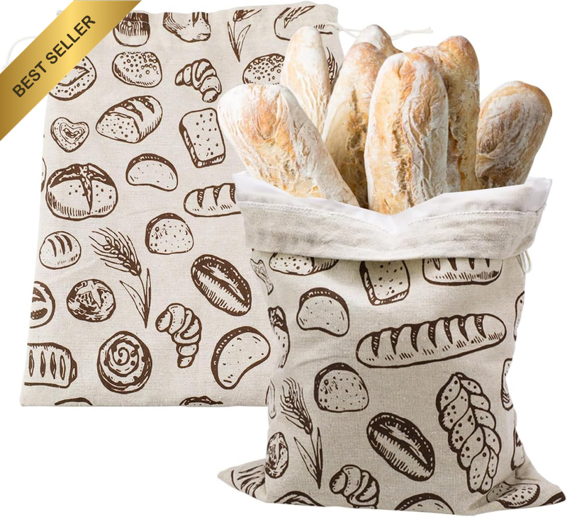 2Pack Reusable Linen Bread Bags with TPU Liner 11.8x14.9" Storage for Homemade