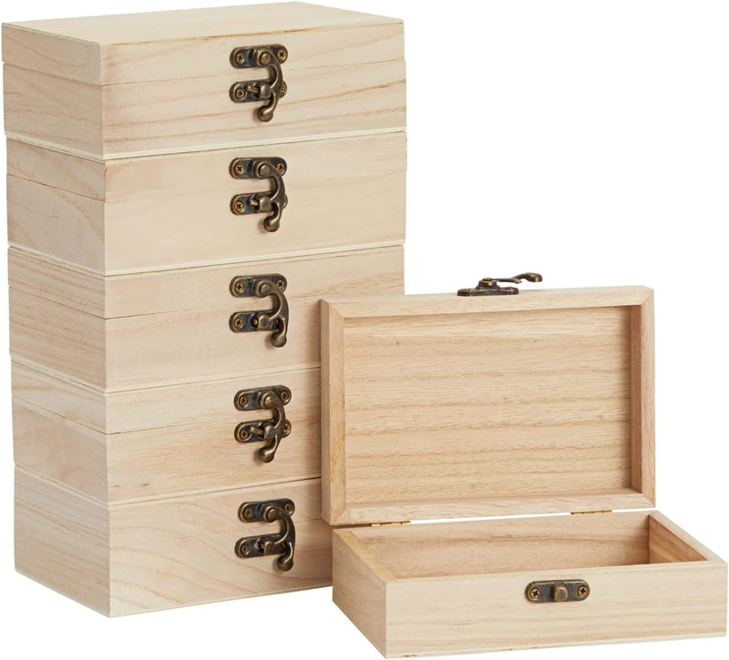 6Pcs Unfinished Wooden Gift Boxes With Hinged Lids Jewelry Storage DIY Crafts