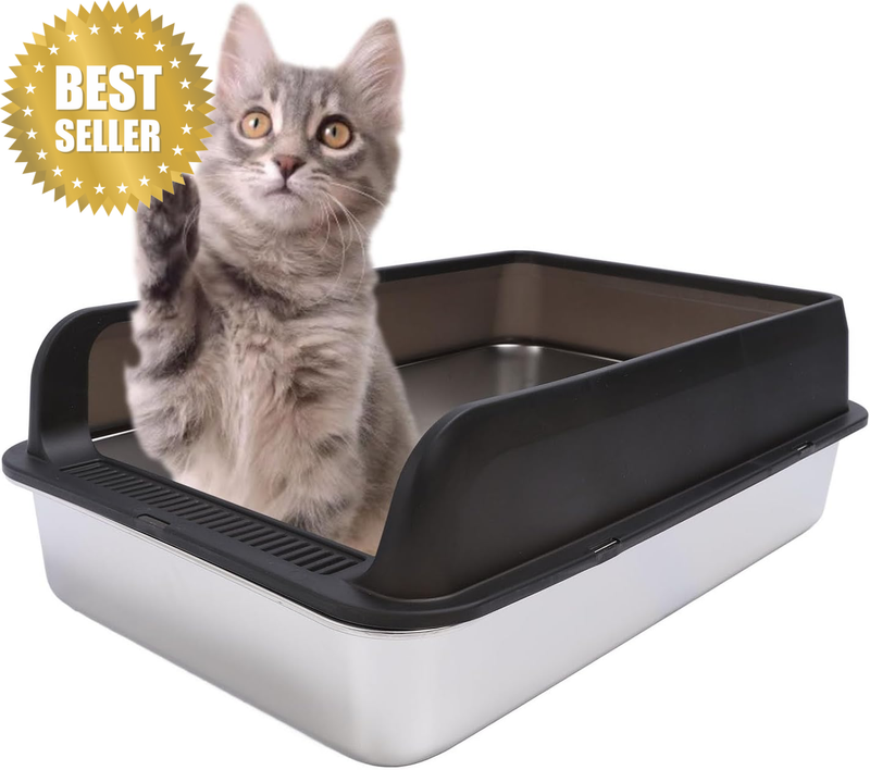 Cat Litter Box, Stainless Steel Semi Enclosed High Sided Large Kitty Litter Box