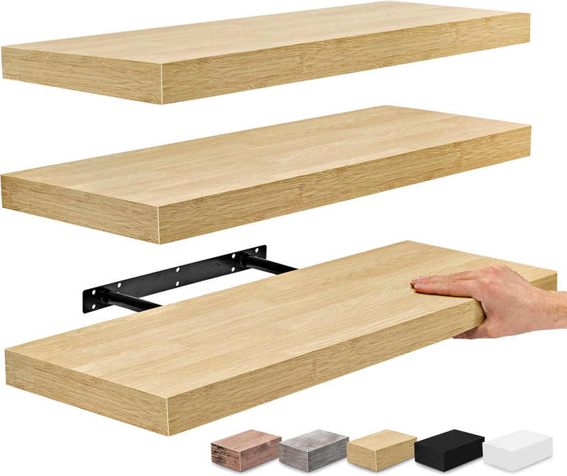 Floating Shelves - 24 Inch for Bedroom, Kitchen, Bathroom - 3 Maple Wood Wall Shelves for Decor, Books, Storage - Mounted with Invisible Brackets