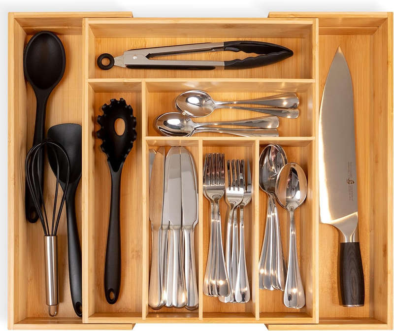 Utensil Drawer Organizer - 100% Bamboo Wooden Expandable Adjustable Kitchen Silv