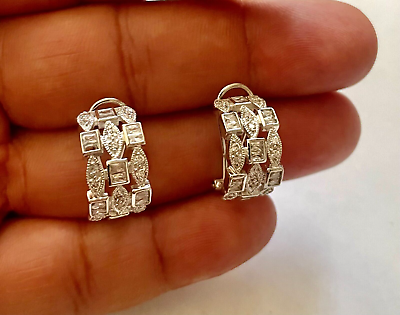 Sterling Silver 925 Rhodium Plated Thick Round Cluster CZ semi Hoop Earrings