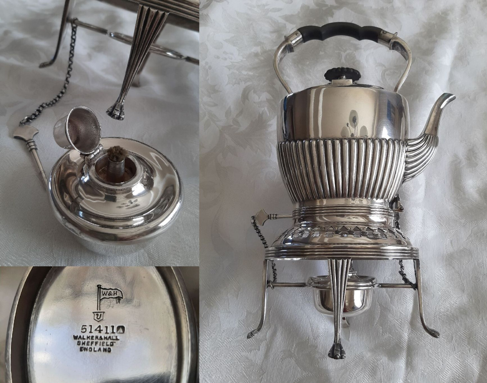 1903 Walker & Hall Silver Plate Tea Kettle, Spirit Burner 1903 Walker & Hall Silver Plate Tea Kettle, Spirit Burner