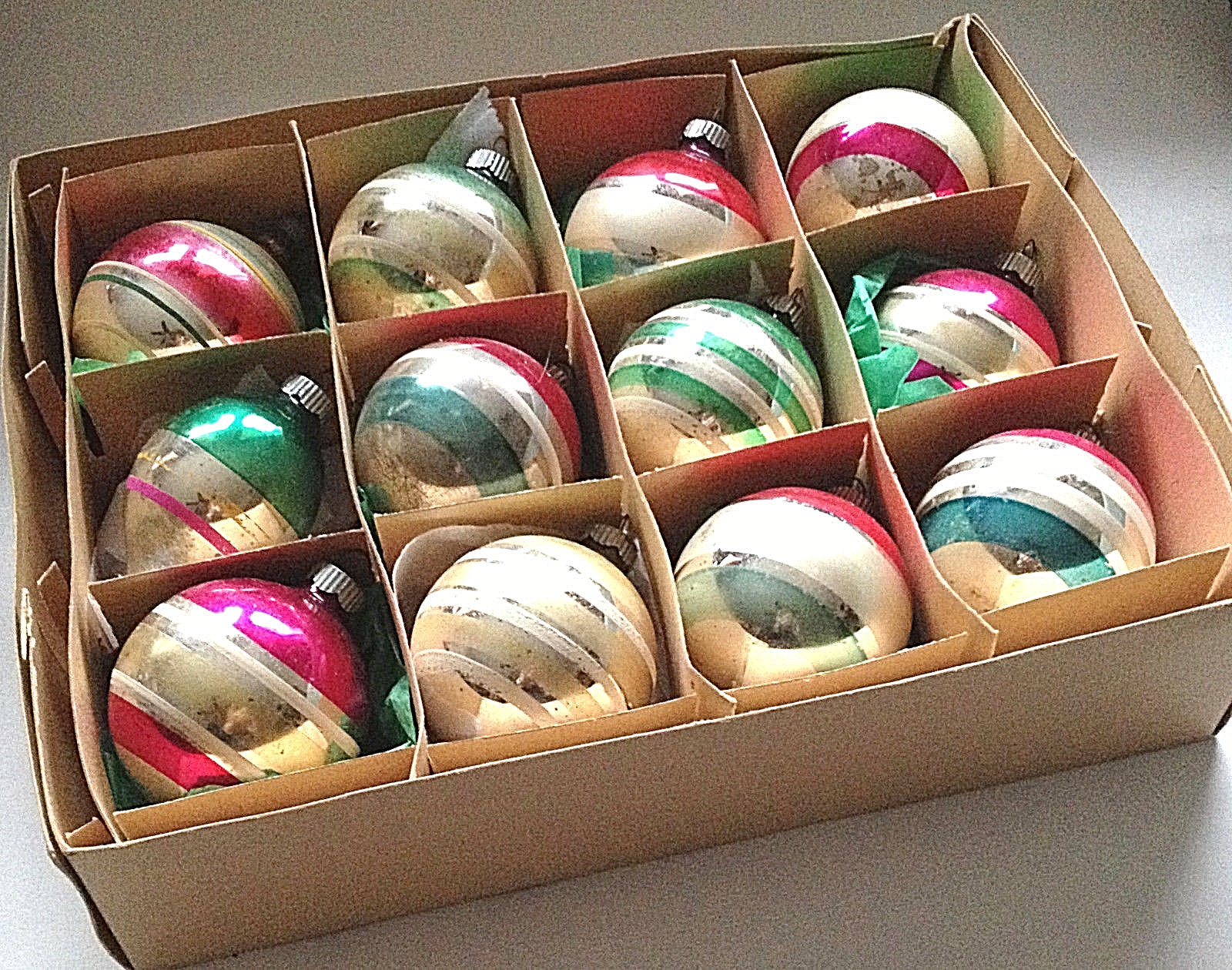 12 Vtg Shiny Brite MEDIUM Striped Christmas Ornaments Feather Tree Pink Green +