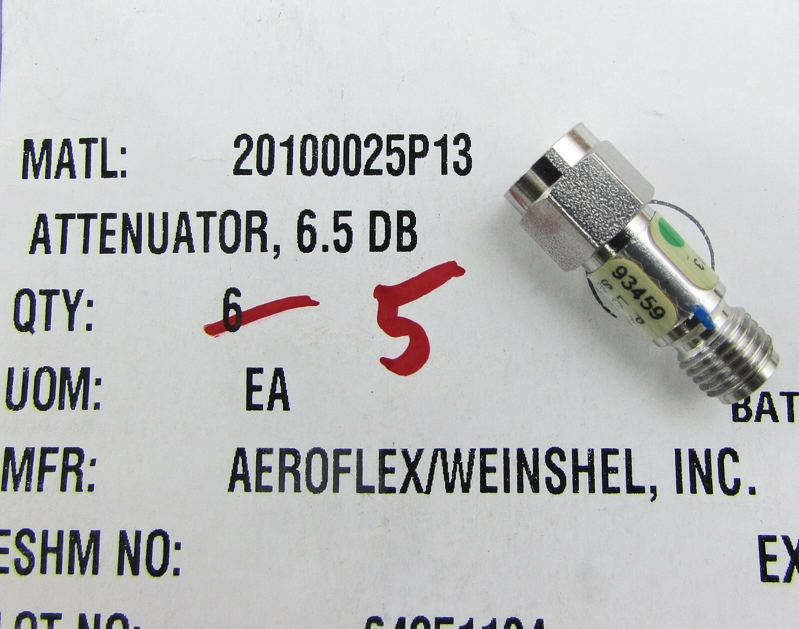 Aeroflex / Weinschel Inc 20100025P-13 Fixed Attenuator, SMA-M to SMA-F, 6.5 dB