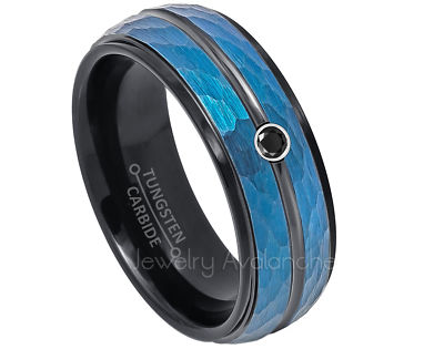 2-Tone Dome Hammered Tungsten Ring Custom Made 0.07ct Black Diamond Ring #754