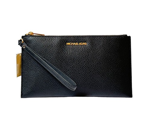 マイケル Jet Set Medium Pebbled Leather Wristlet in BLACK - Sale | Michael