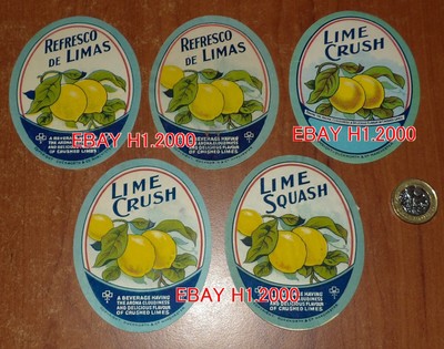 5 DIFF LIME CRUSH -SQUASH 1896 DUCKWORTH 10 OZ CODD BOTTLE LABELS SOME UNIQUE ?