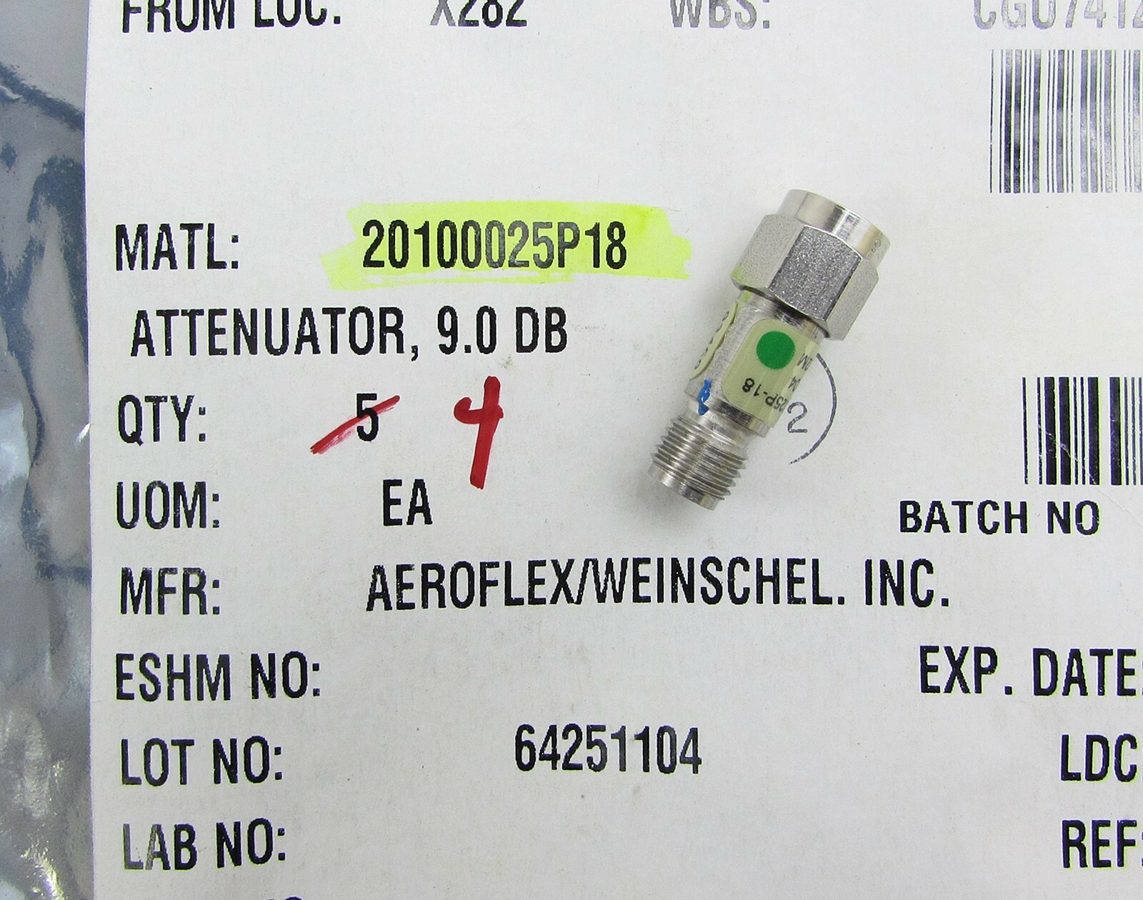 Aeroflex / Weinschel Inc 20100025P-18 Fixed Attenuator, SMA-M to SMA-F, 9.0 dB