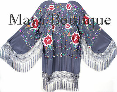 Pre-owned Maya Matazaro Embroidered Silk Fringe Jacket Flamenco Kimono Lilac Grey Short