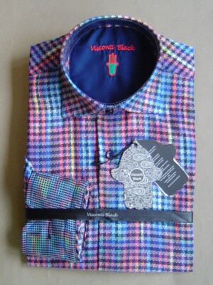 NWT $145 LUCHIANO VISCONTI BLACK Mens LT COTTON BLEND SHIRT Multi Bright 4182BT
