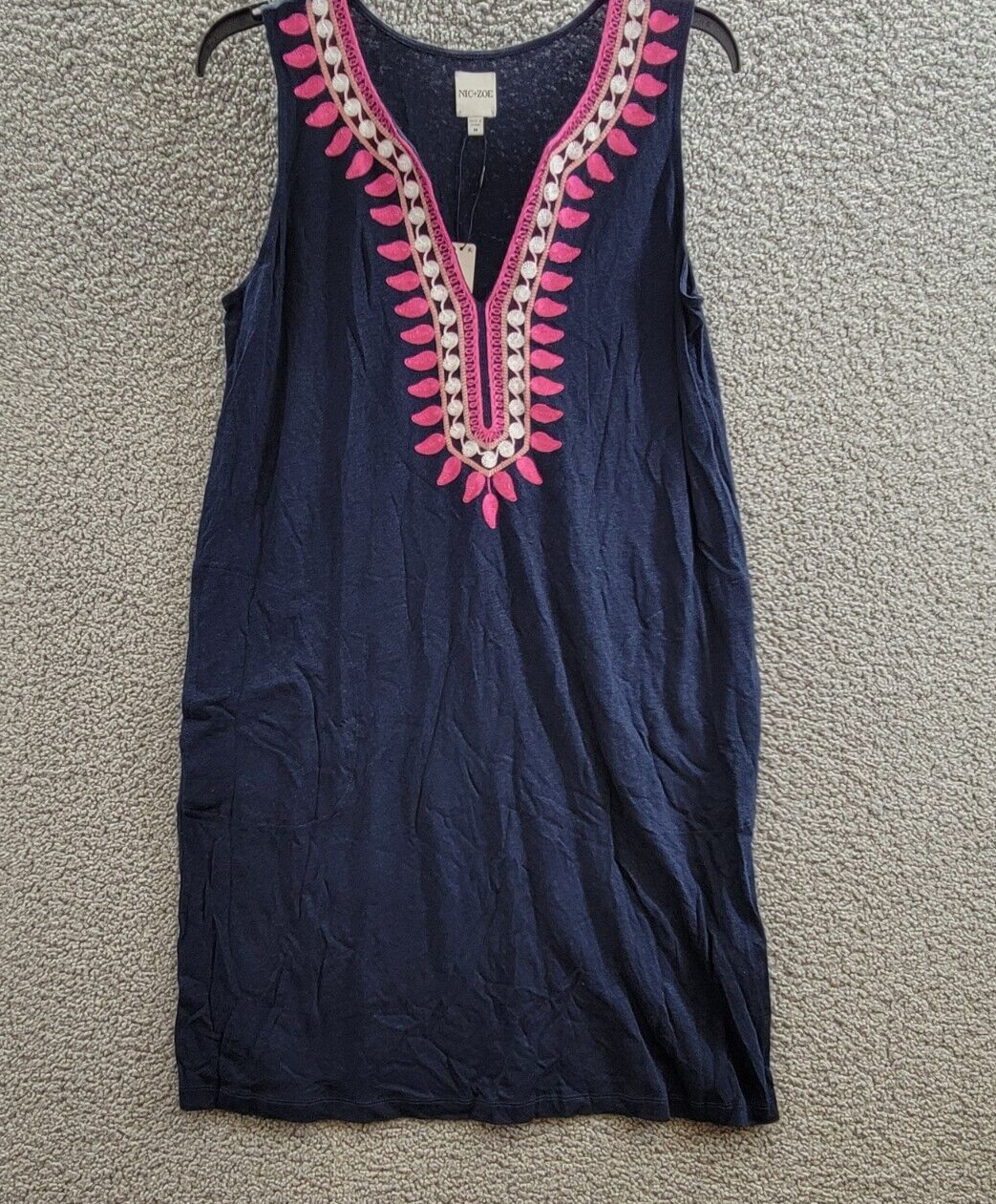 NIC + ZOE Summer Retreat Sleeveless Embroidered Dress Women's M Navy Linen Blend - Picture 2 of 15