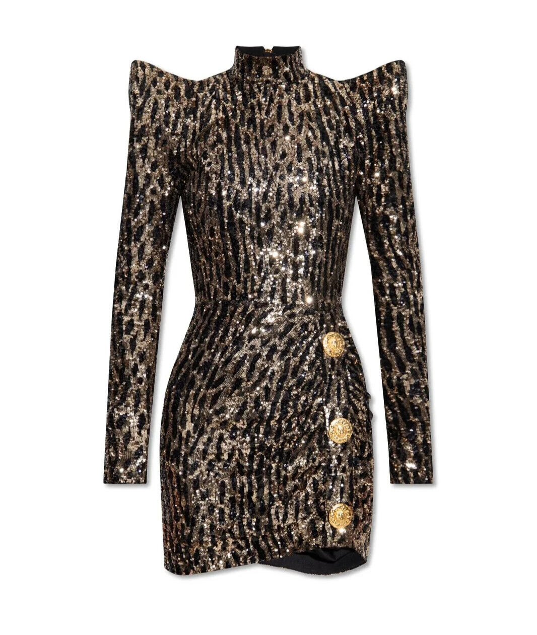 Balmain Strong-Shoulder Mini Dress 40/US 8 Gold Black Sequin