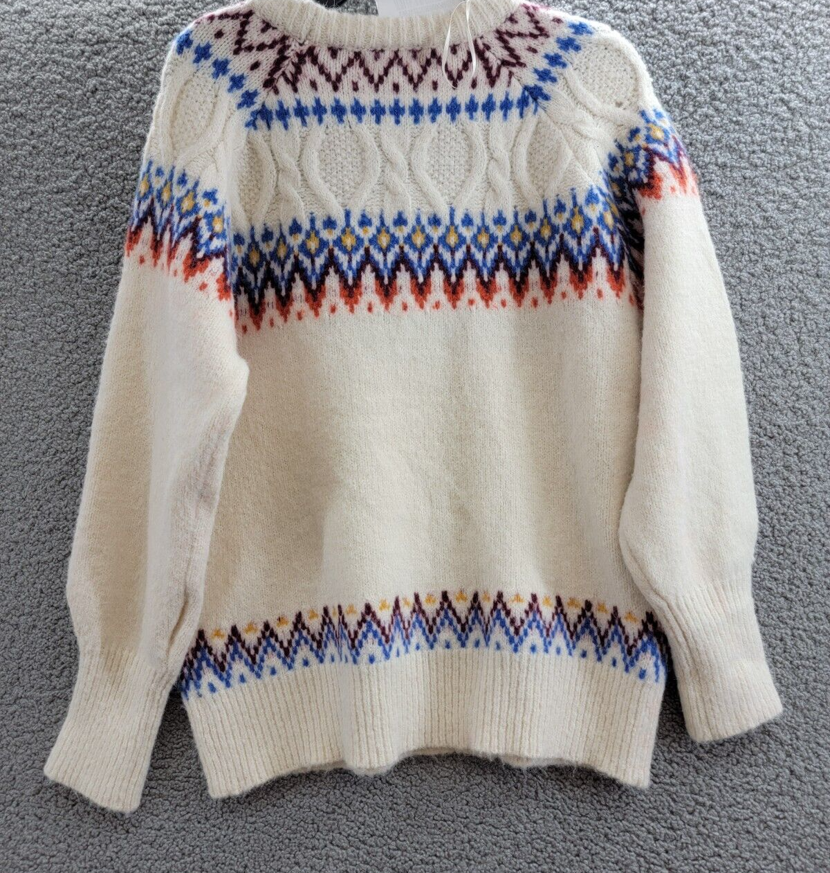AQUA Fair Isle Sweater Women's M Cream Multi Crew Neck Long Sleeve Pullover - Picture 11 of 15