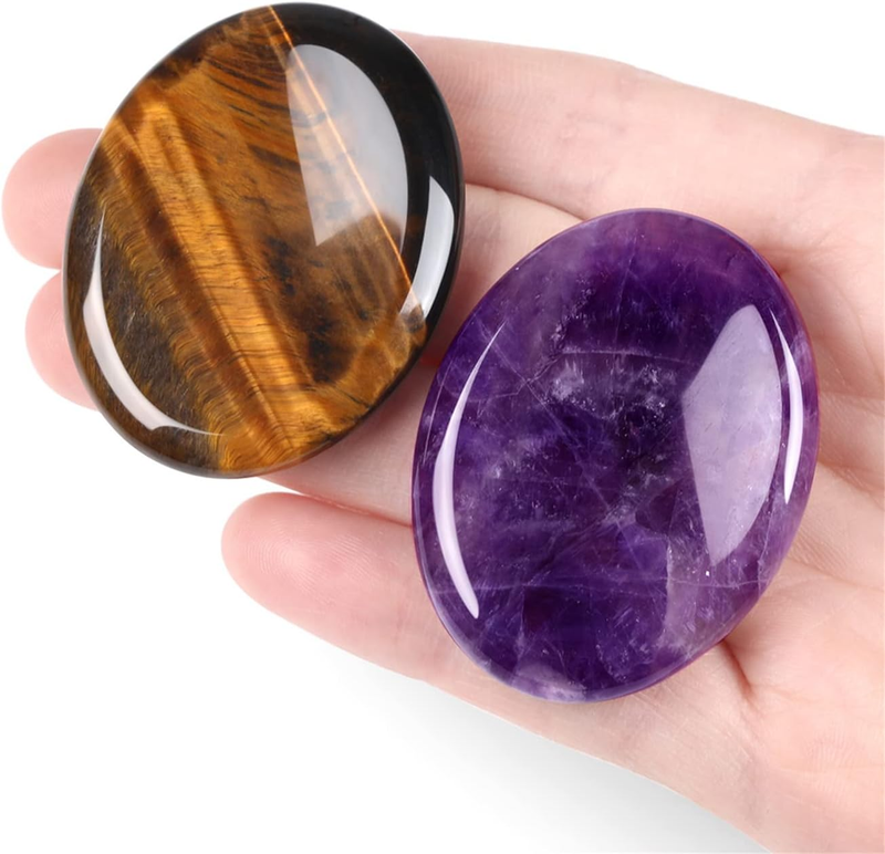 Thumb Worry Stone for Anxiety Healing Crystals Sets 2PCS Tiger Eyes Amethyst Han