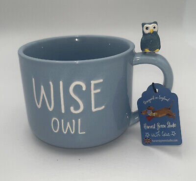 Wise Owl Blue Glossy Textured Porcelain Ceramic Mug 12 oz NEW