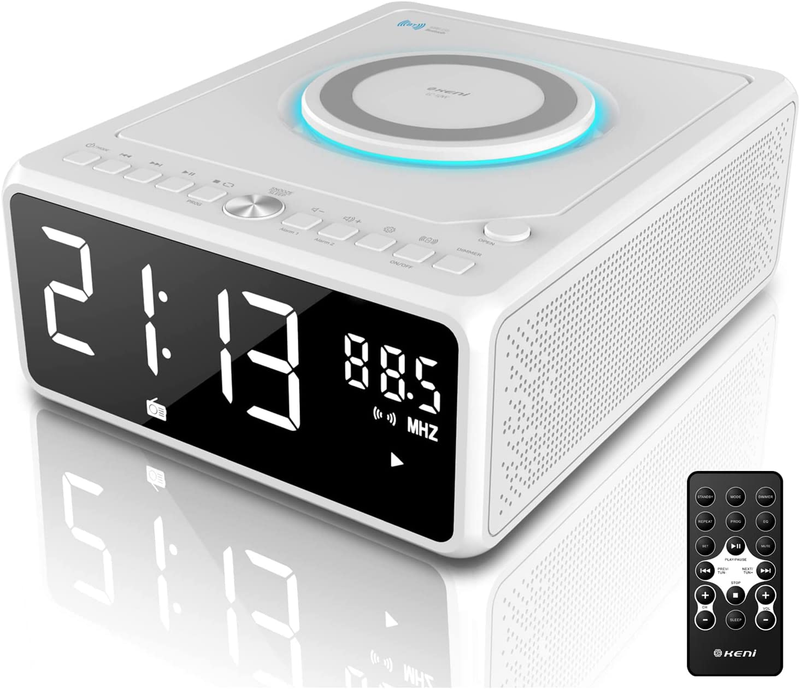 CD Player Boombox with Remote, Dual Alarm Clock Radio, Wireless Charger, Bluetoo