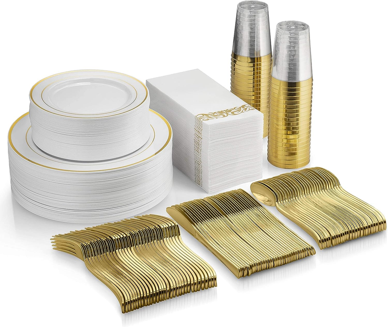 350 Piece Gold Dinnerware Set - 50 Guest Gold Rim Plastic Plates - 50 Gold Plast