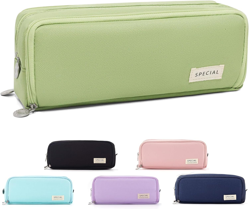 Large Capacity Pencil Case 3 Compartment Pouch Bag for School Office Green