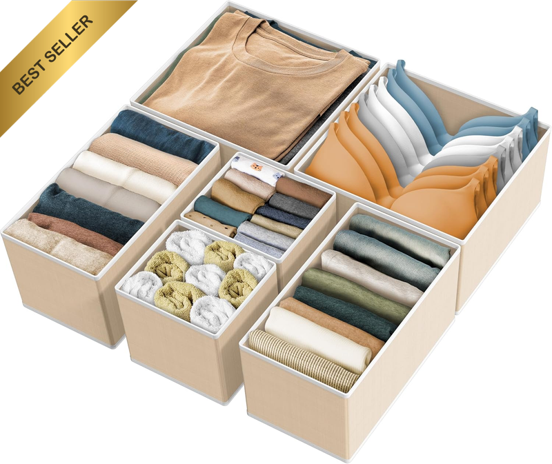 Set of 6 Drawer Organiser Storage Bin for Clothing, Underwear and Bra, Beige