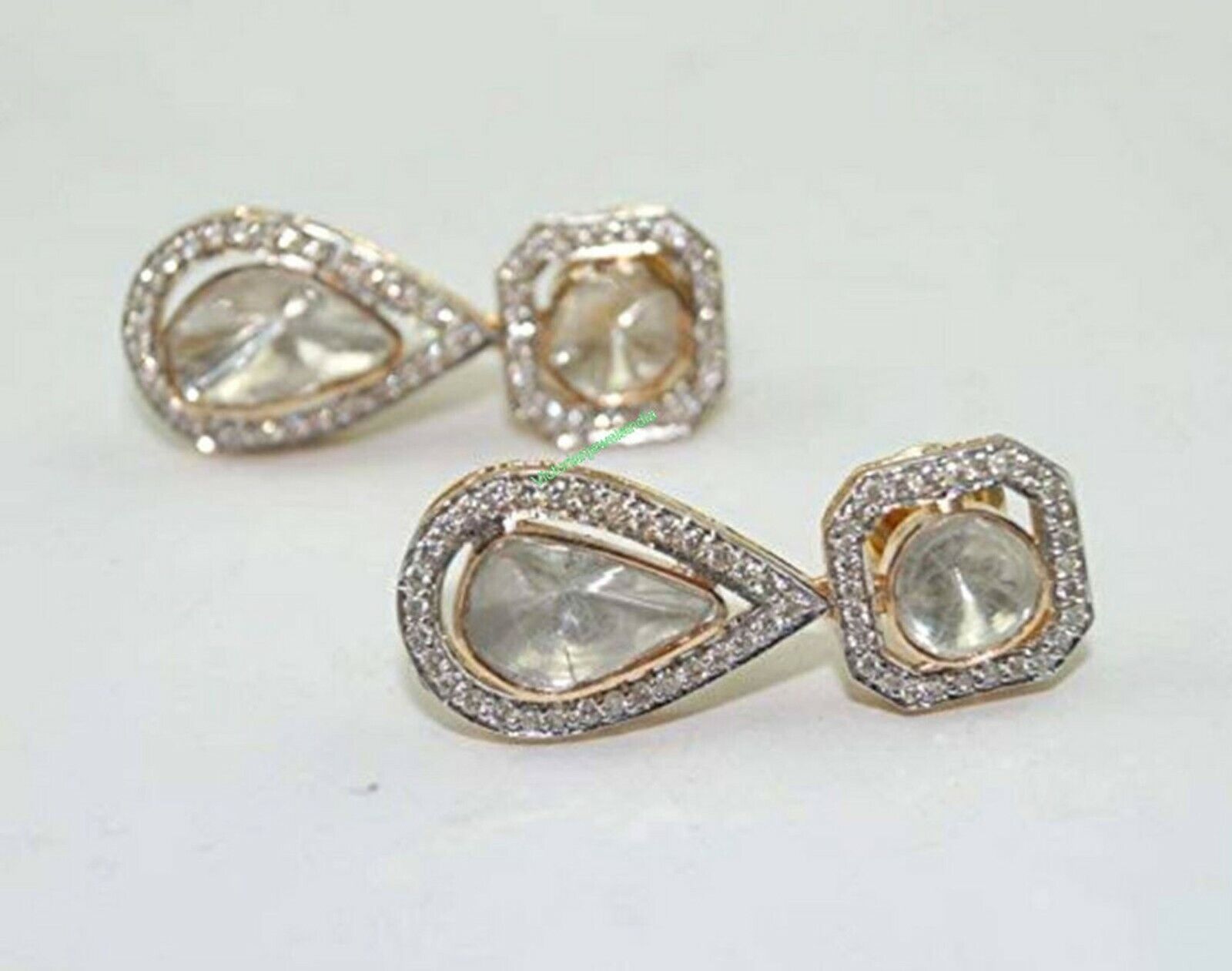 Pre-owned Handmade Natural Polki & Natural Pave Diamond Earring 925 Silver Wedding Dangle Earring In White