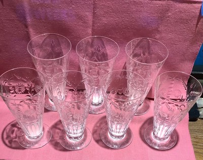 Rare Set 7 Antique Crystal Antique Water Glasses  Carved Etched Engraved Notched