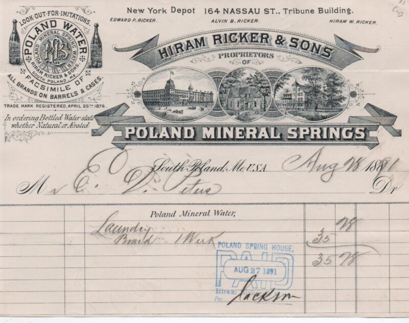 Graphic 1880s Billhead from Poland Mineral Springs South Poland Maine