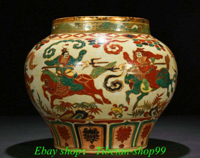 11.8''Old Yuan Dynasty Wucai Porcelain Gilt People Ride Horse Crock Pot Jar