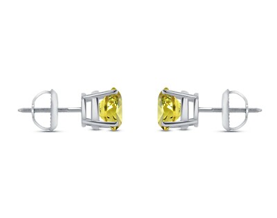 Pre-owned Shine Brite With A Diamond 4 Ct Round Cut Canary Earrings Studs Solid Real 14k White Gold Screw Back Basket