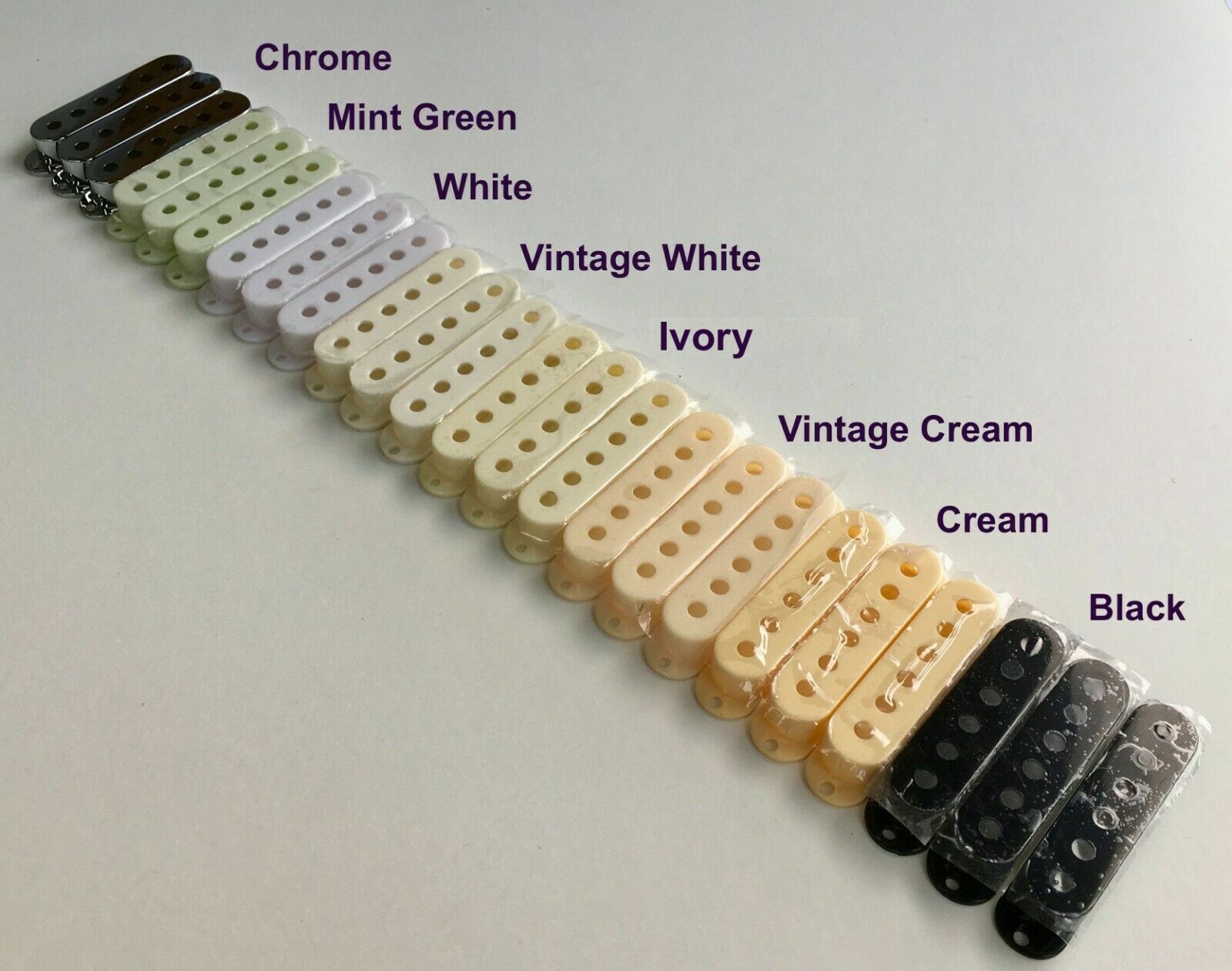 Strat pickup covers: SET of 3: White Black Cream Mint Green