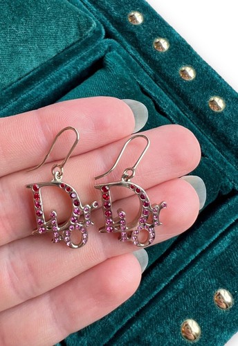 Vintage Dior Earrings Silver Tone Pink Red Diamante Trotter
