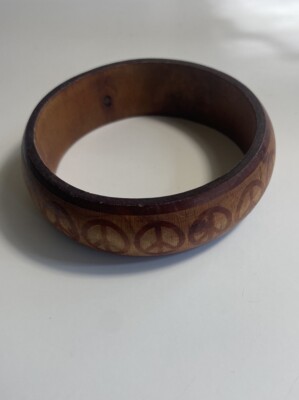 Solid Wood Bangle Bracelet Peace Sign Symbol 7.5 