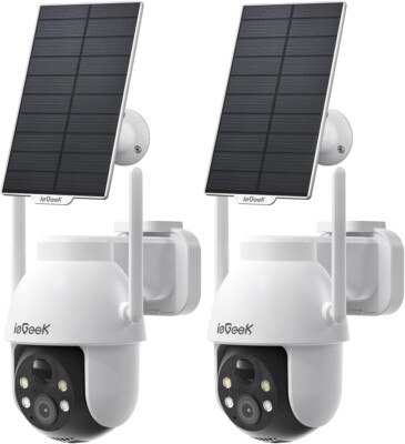 2PCS ieGeek 2K WiFi Outdoor Solar Security Camera 360° PTZ Battery CCTV System