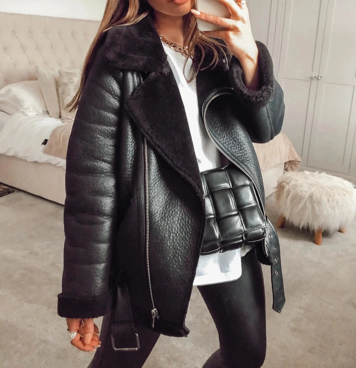 ZARA BLACK FAUX LEATHER SHEARLING FUR DOUBLE FACED BIKER ZARA BLACK FAUX LEATHER SHEARLING FUR DOUBLE FACED BIKER