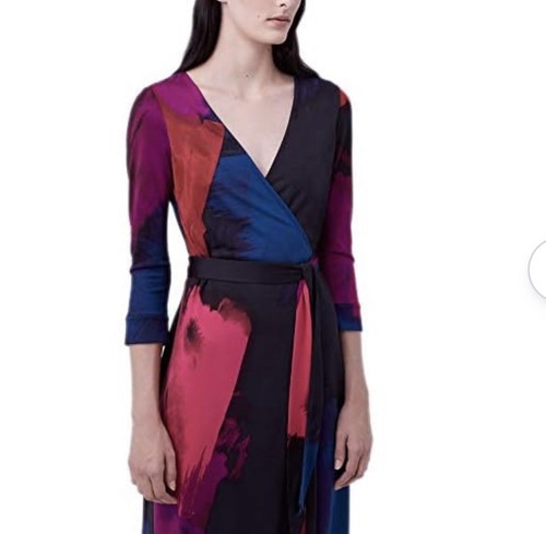Pre-owned Diane Von Furstenberg Dvf Julian Wrap Dress Silk Jersey 3/4 Sleeve Print Multi Size 10 Sheath