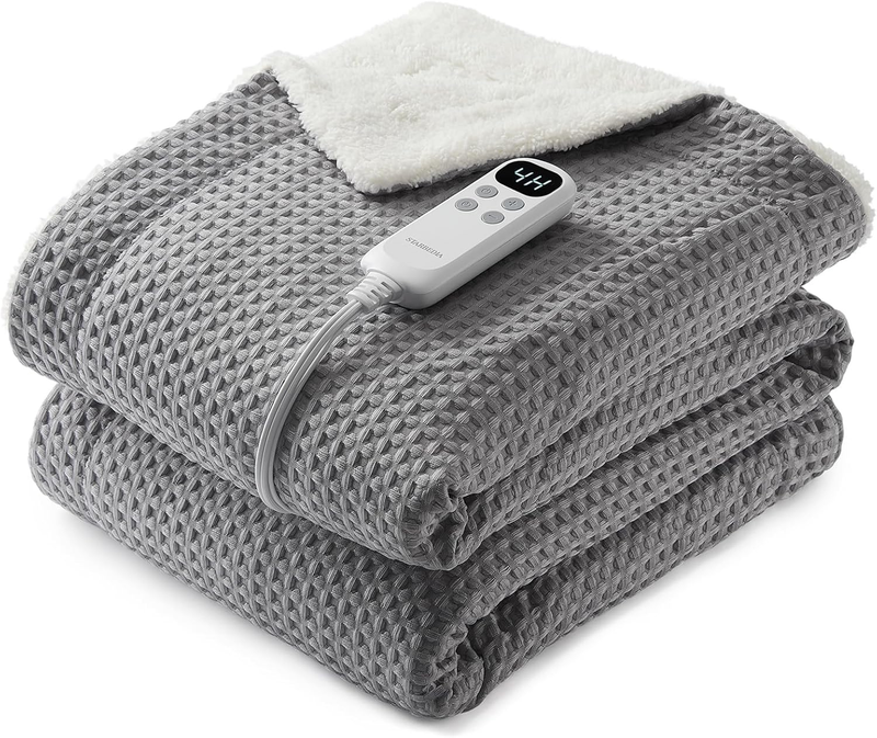 Waffle Heated Throw Blanket, Machine Washable Electric Blankets Fast Heating with LCD Controller, 6 Heat Levels & 1-4H Time Settings, ETL Certified Heat Throw for Couch, Grey, 50