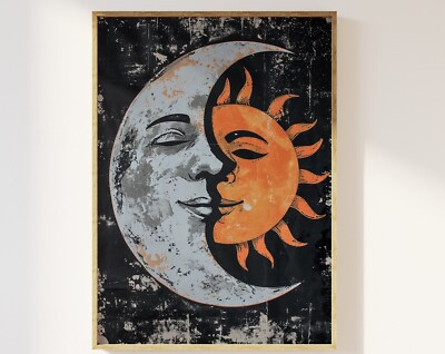 Sun And Moon With Faces Abstract Art Print Sun And Moon Celestial Art Print Sun