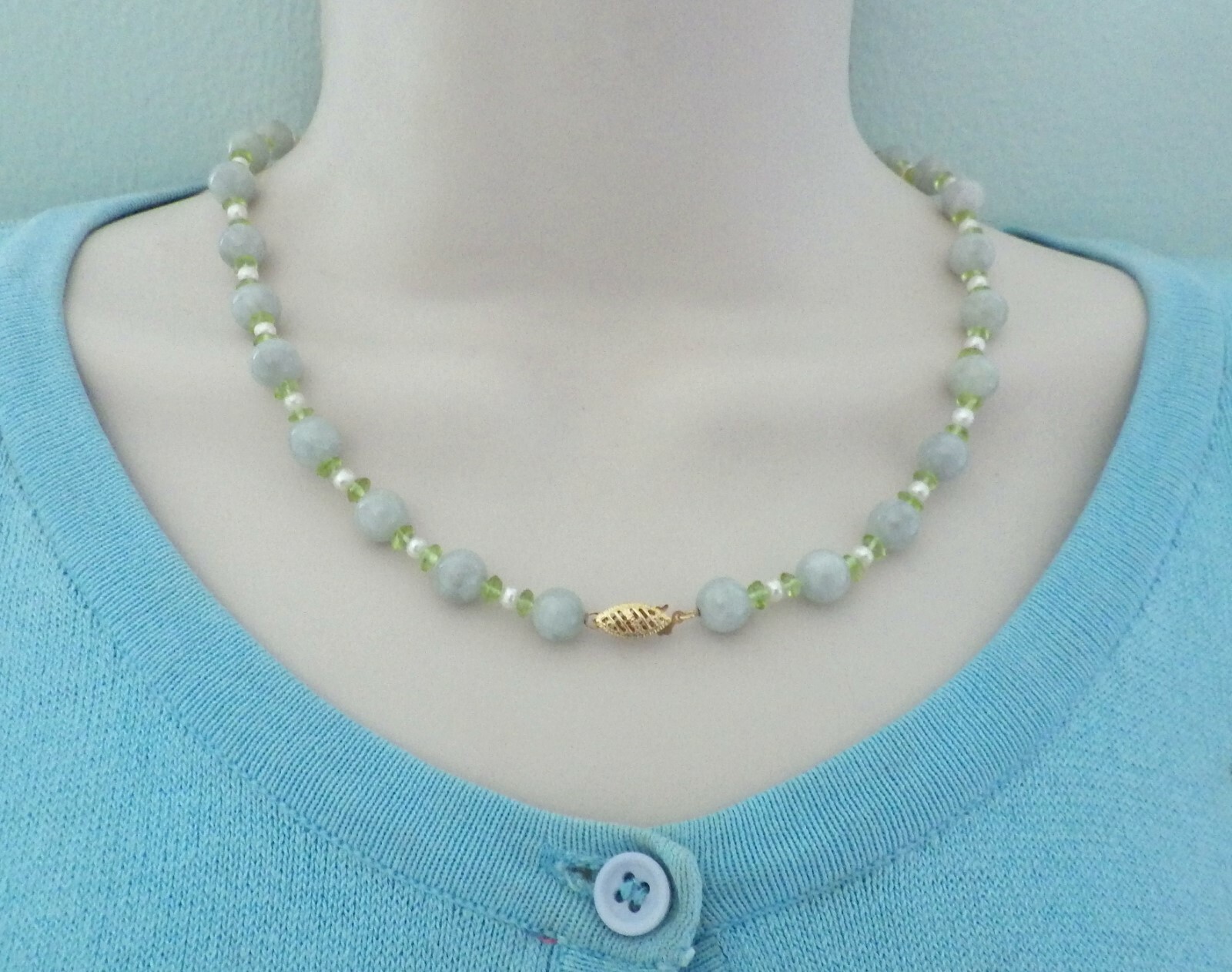 14K gold celadon jade pearl ring necklace set light green jadeite signed size 6