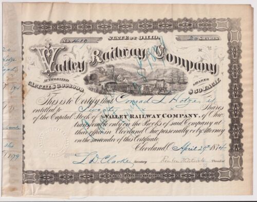 1874 Valley Railway Company Stock Certificate Cleveland Ohio
