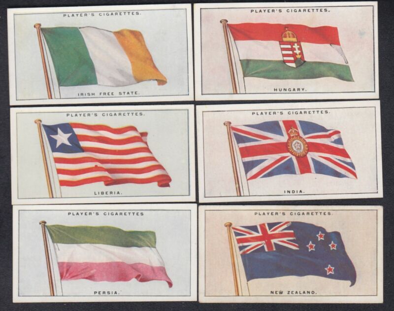 Six 1928 League of Nations Flag Cards LIBERIA IRELAND INDIA PERSIA HUNGARY