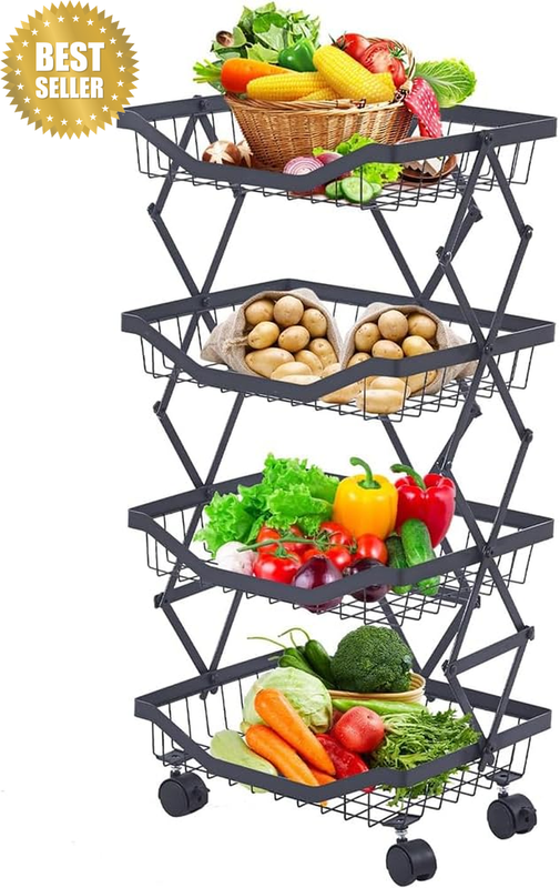 Kitchen Four-Tier Fruit Basket, Floor-Standing Stackable Wire Fruit and Vegetabl