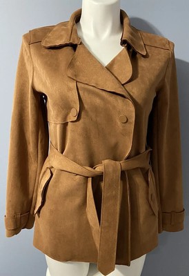 Haute Monde Womens Faux Suede Double Breasted Trench Coat Jacket Sz MED