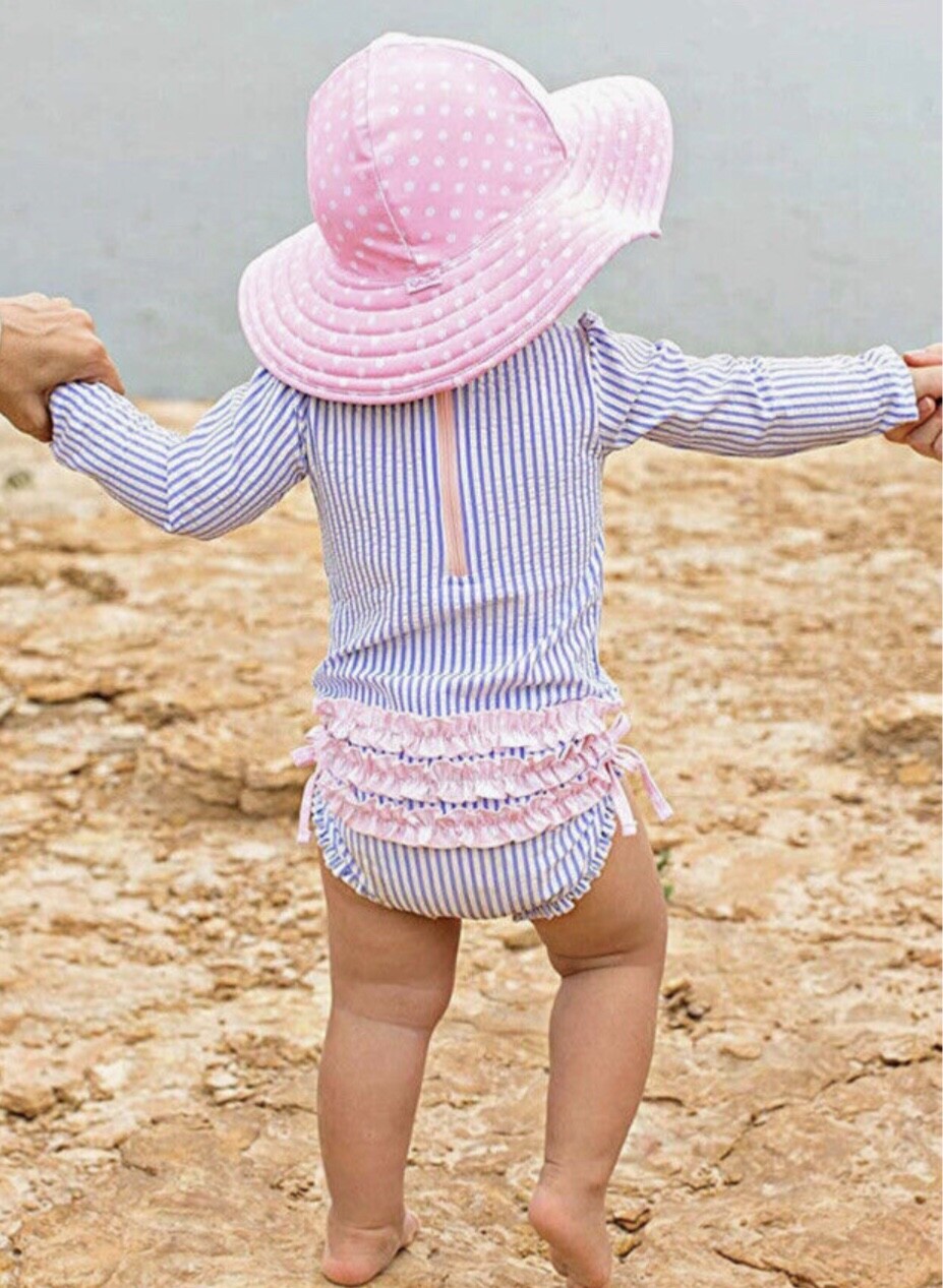 トップス soor ploom FrillTee Gumdrop Stripe 6y RUFFLE BUTTS Girl's Blue & White Striped Pink Ruffles One