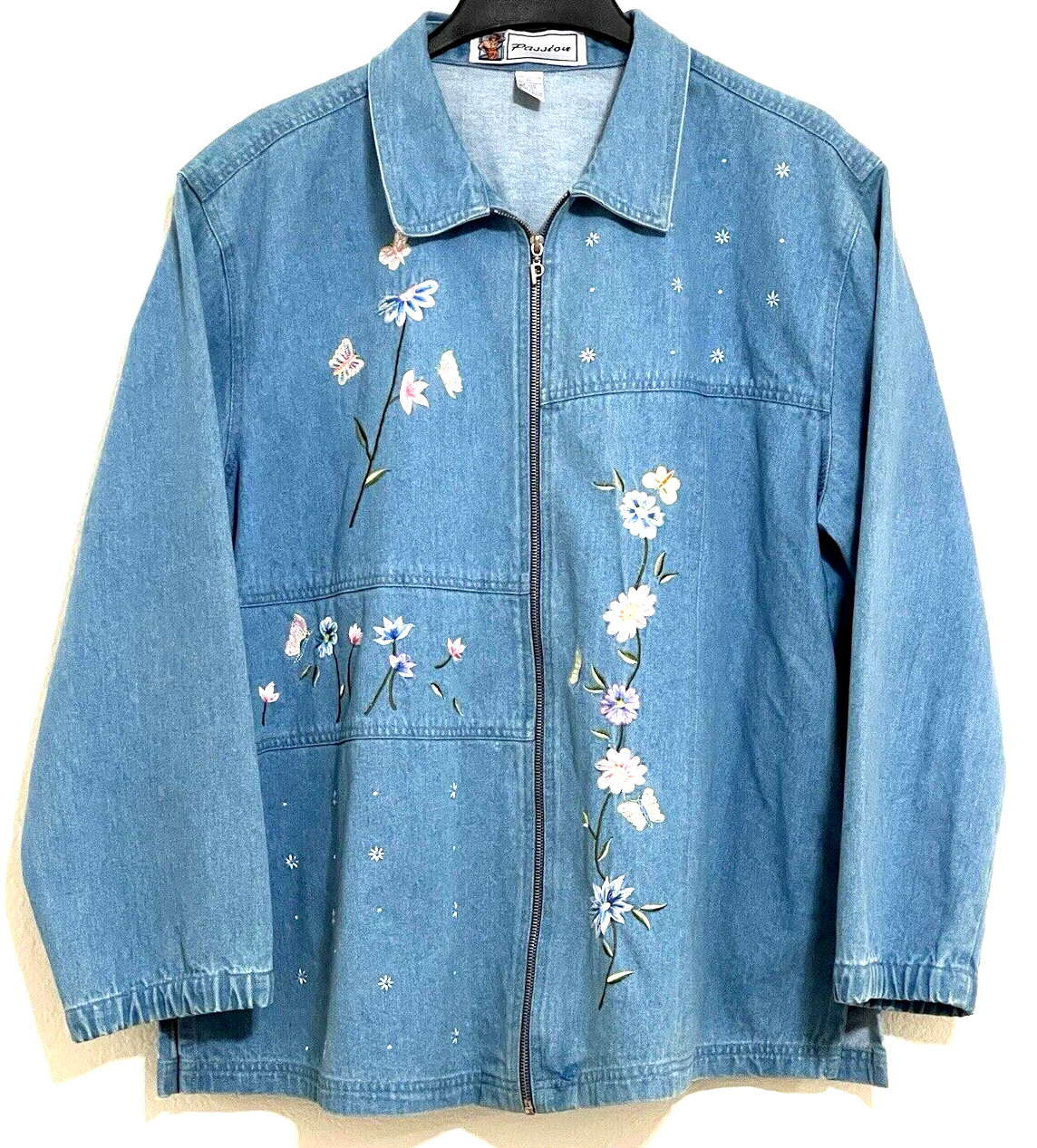 PASSION デニムジャケット Women's Denim Jacket XL Passion Full Zip Embroidered Floral Light