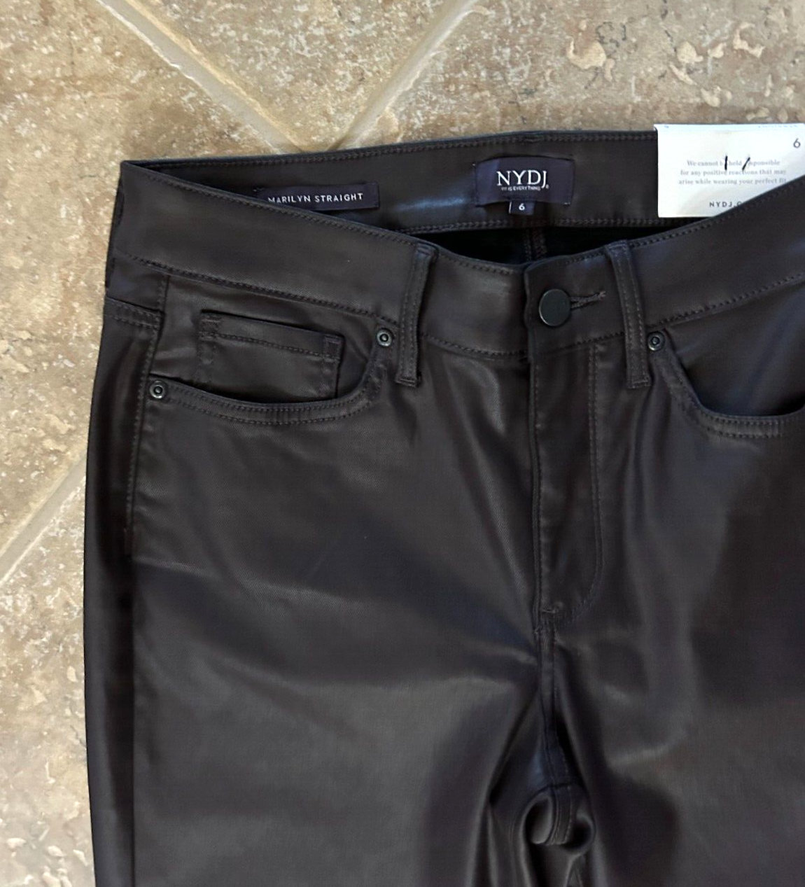 NYDJ Lift Tuck Marilyn Coated Straight Jeans 10 Cordovan Leather Look $119 NWT