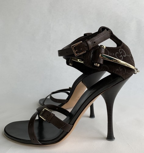 Gucci グッチ ロファー heels 38.5 シルバー Strap 80A GUCCI Metallic Nappa Crystal Zephyra Slingback Platform High