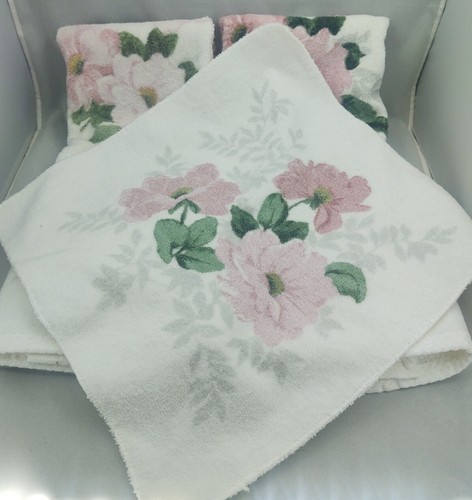 5 VTG Springmaid bath towel Set cotton pink roses floral farmhouse shabby chic