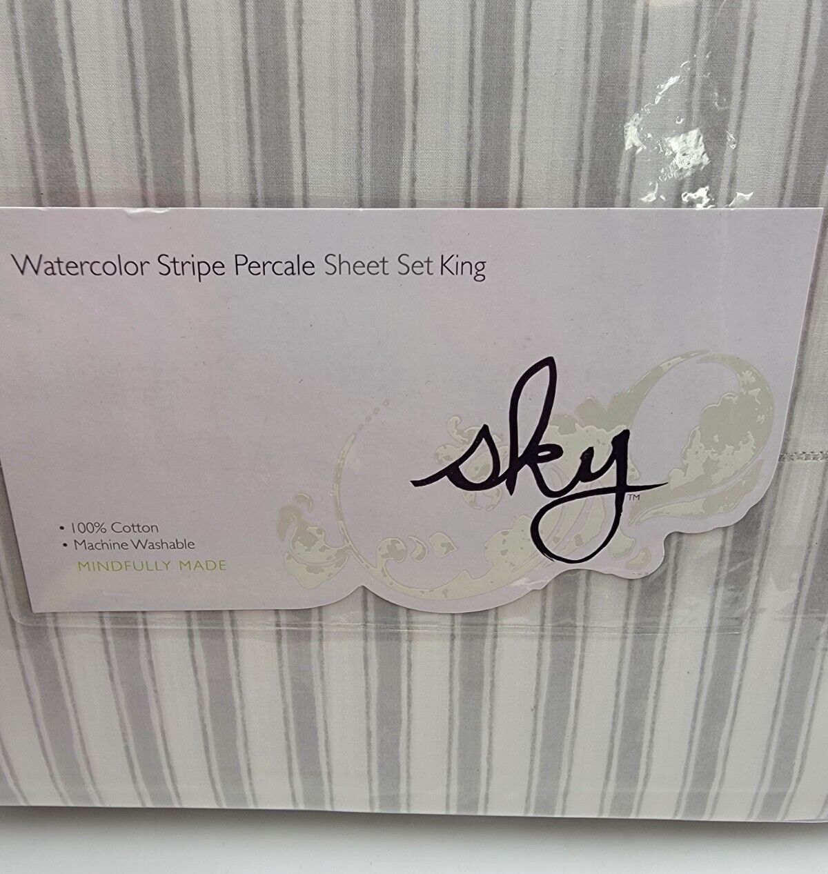 Sky Watercolor Stripe Percale Sheet King Set 78x80x15in/20x36in Reflection Blue - Picture 11 of 12