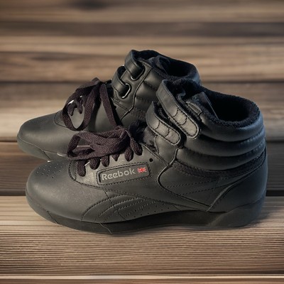 VTG NEW REEBOK Freestyle Hi Black Leather Trainer Sneakers Shoes Women’s Sz 4