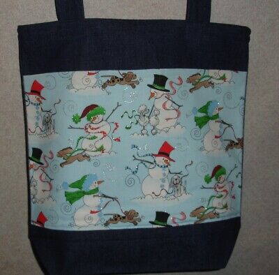 NEW Handmade Large Jolly Snowman Dogs Puppy Christmas Denim Tote Bag